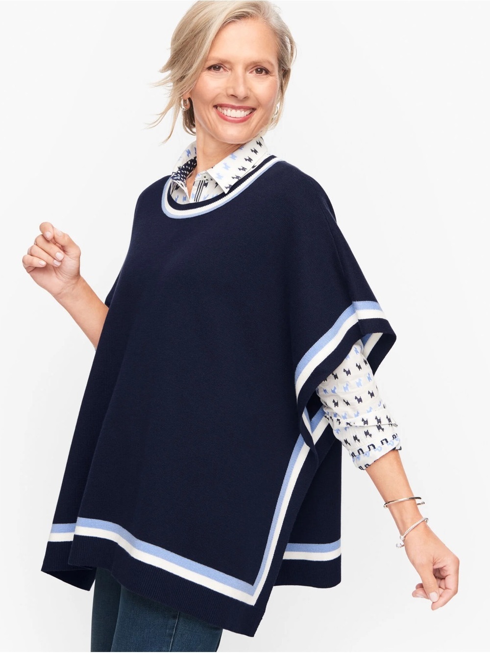 Talbots Navy Poncho with Light Blue and White Stripe Trim Size XS/S